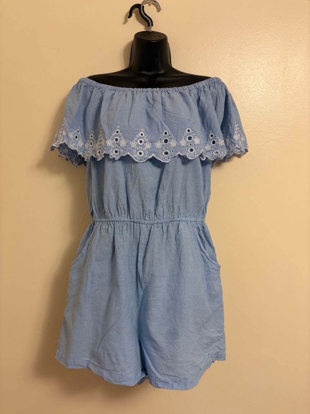 Mudpie Light Blue Off-Shoulder Eyelet Romper
